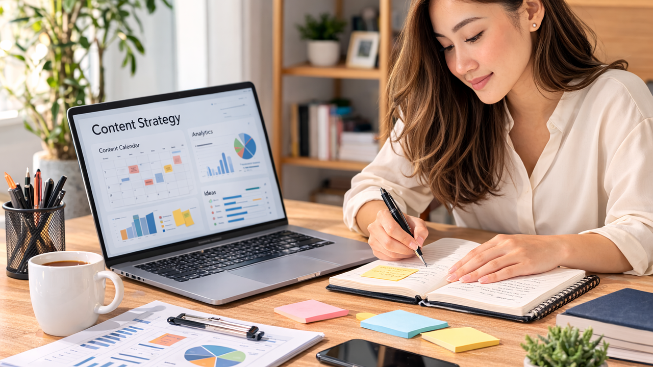 Freelancer de marketing digital trabalhando em estratégia e análise de dados em home office