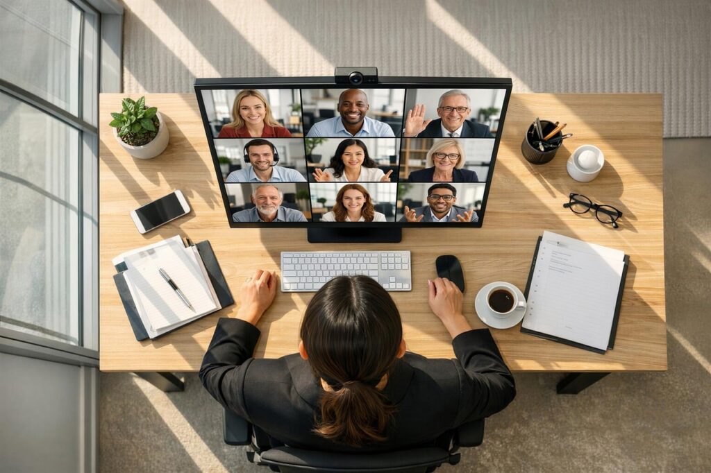 Trabalho remoto videoconferencia reuniao online profissional home office escritorio