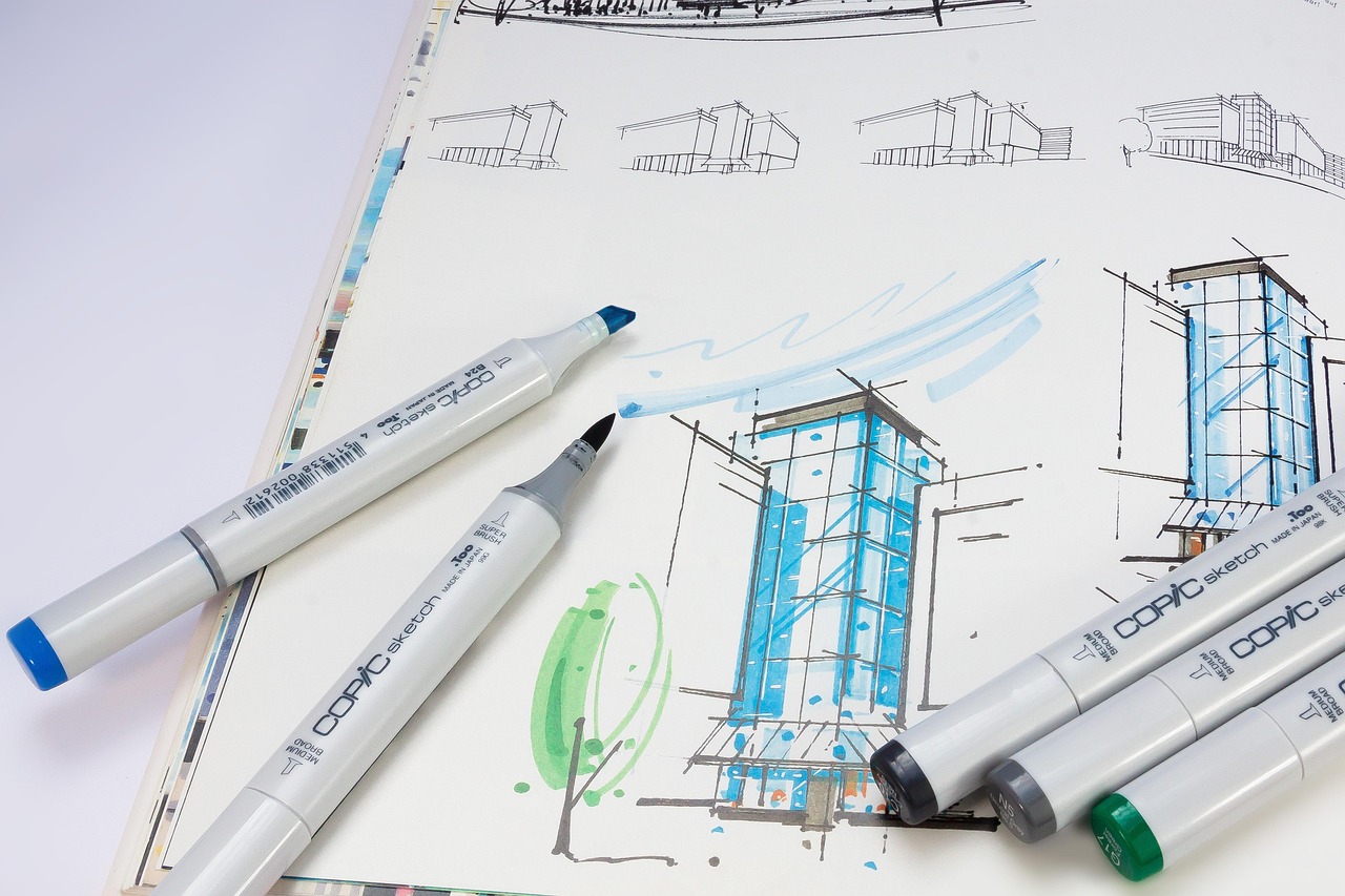 Esboço arquitetônico colorido feito à mão por arquiteto freelancer