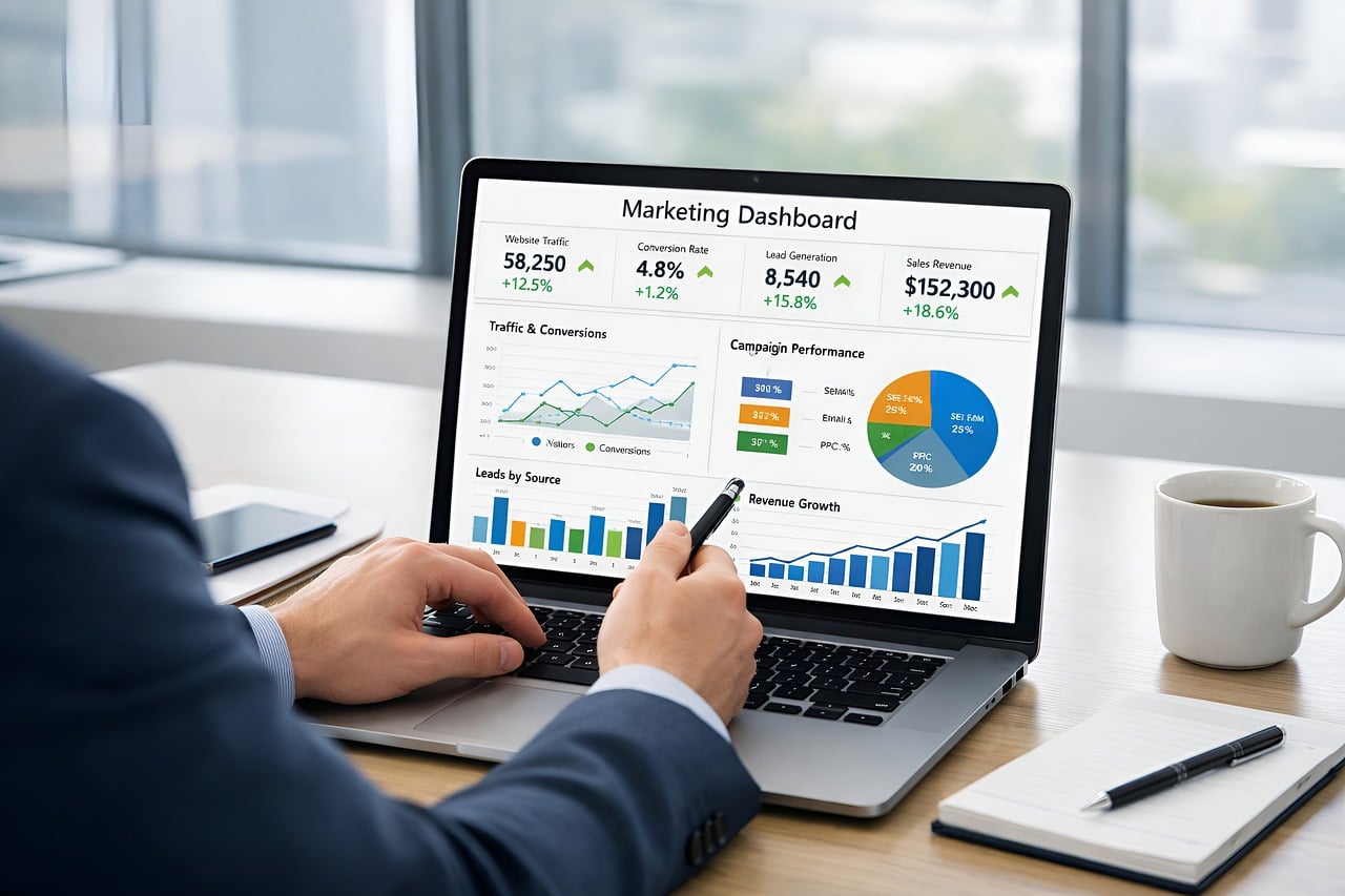 Freelancer de marketing digital analisando dashboard com métricas e resultados de campanhas